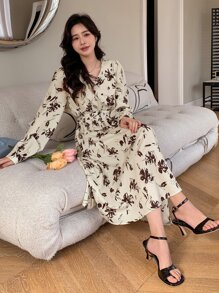 DAZY Váy tay đèn lồng họa tiết hoa, Quần áo mùa thu - Màu be - Xem 3