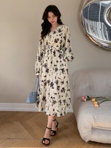 DAZY Váy tay đèn lồng họa tiết hoa, Quần áo mùa thu - Màu be - Xem 4