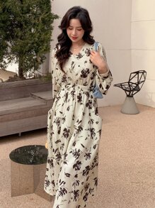 DAZY Váy tay đèn lồng họa tiết hoa, Quần áo mùa thu - Màu be - Xem 6