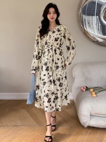 DAZY Váy tay đèn lồng họa tiết hoa, Quần áo mùa thu - Màu be - Xem 7