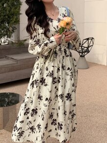 DAZY Váy tay đèn lồng họa tiết hoa, Quần áo mùa thu - Màu be - Xem 8