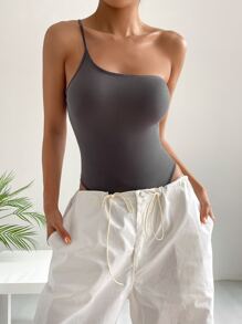 SHEIN EZwear Solid One Shoulder Bodysuit - Grey - View 3