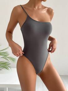 SHEIN EZwear Solid One Shoulder Bodysuit - Grey - View 4