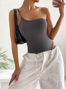 SHEIN EZwear Solid One Shoulder Bodysuit - Grey - View 5