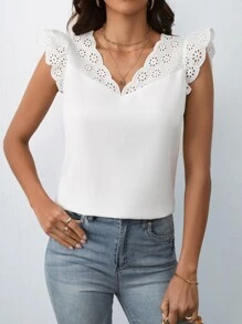 SHEIN Frenchy Eyelet Embroidery Scallop Trim Blouse - White - View 1