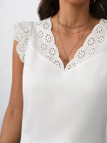 SHEIN Frenchy Eyelet Embroidery Scallop Trim Blouse - White - View 2