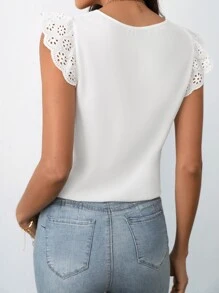 SHEIN Frenchy Eyelet Embroidery Scallop Trim Blouse - White - View 5