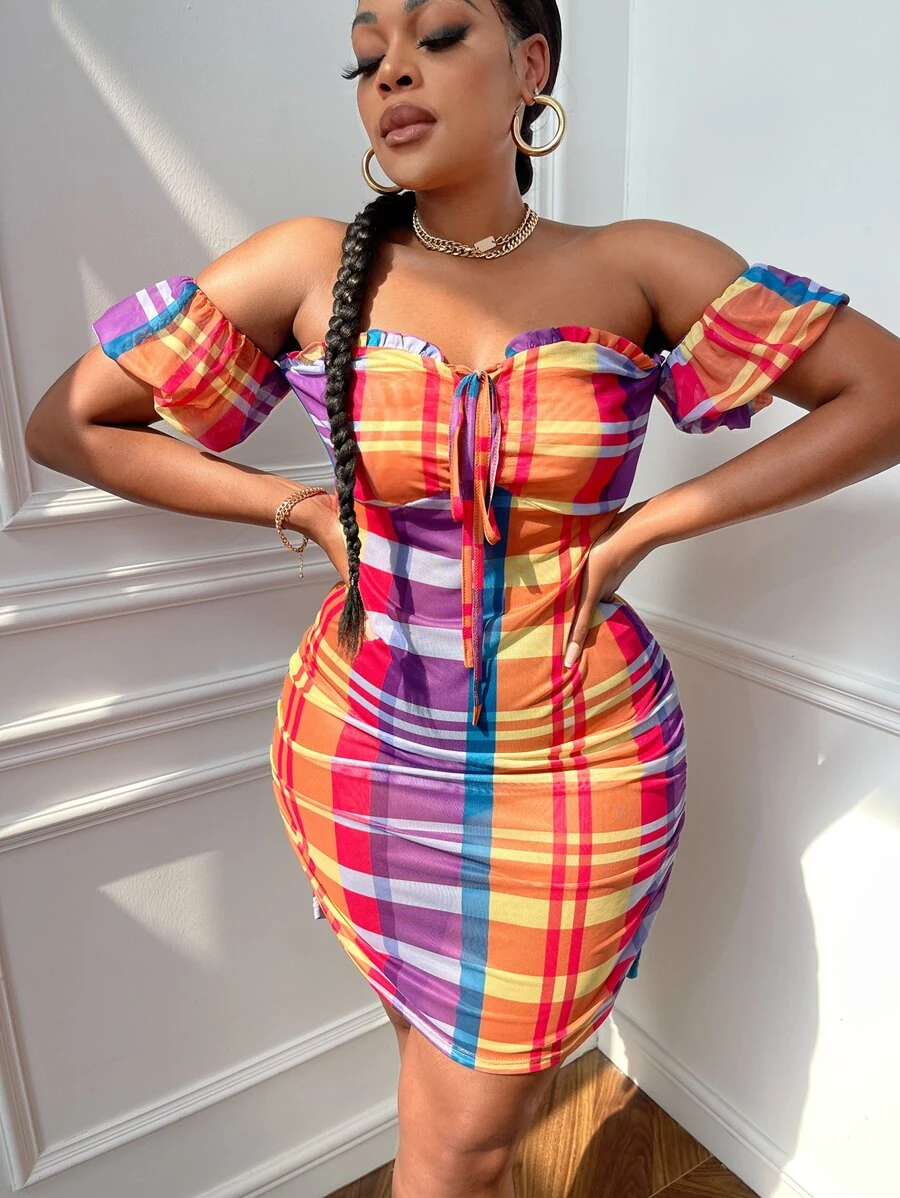 Slaydiva Plus Plaid Print Off Shoulder Knot Front Bodycon Dress - Multicolor - View 1