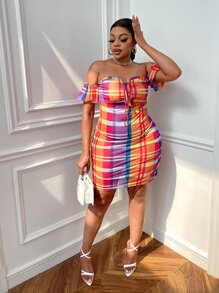 Slaydiva 大碼格紋印花一字肩前打結緊身洋裝 - 彩色 - 查看 8