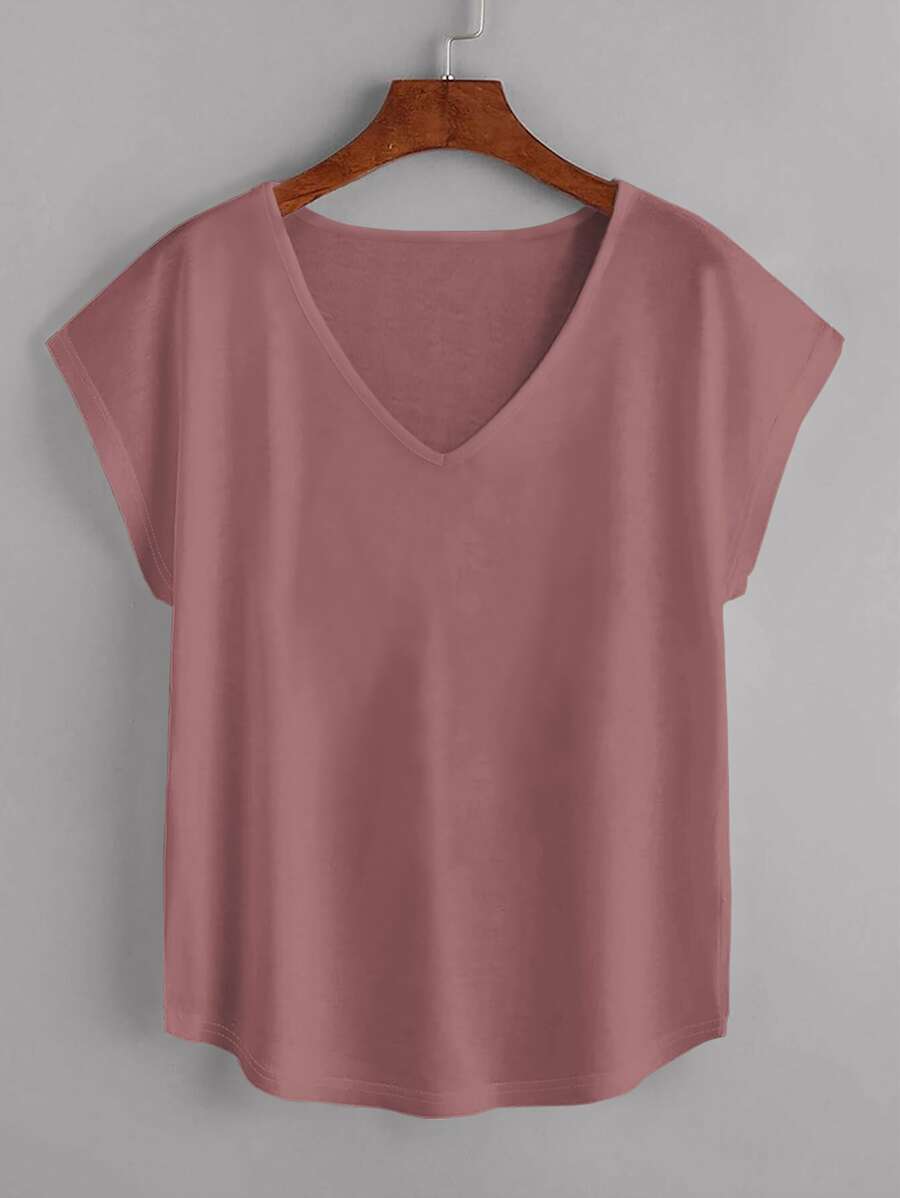 EMERY ROSE 素色蝙蝠袖V領弧形下擺T恤 - 藕粉色 - 查看 1