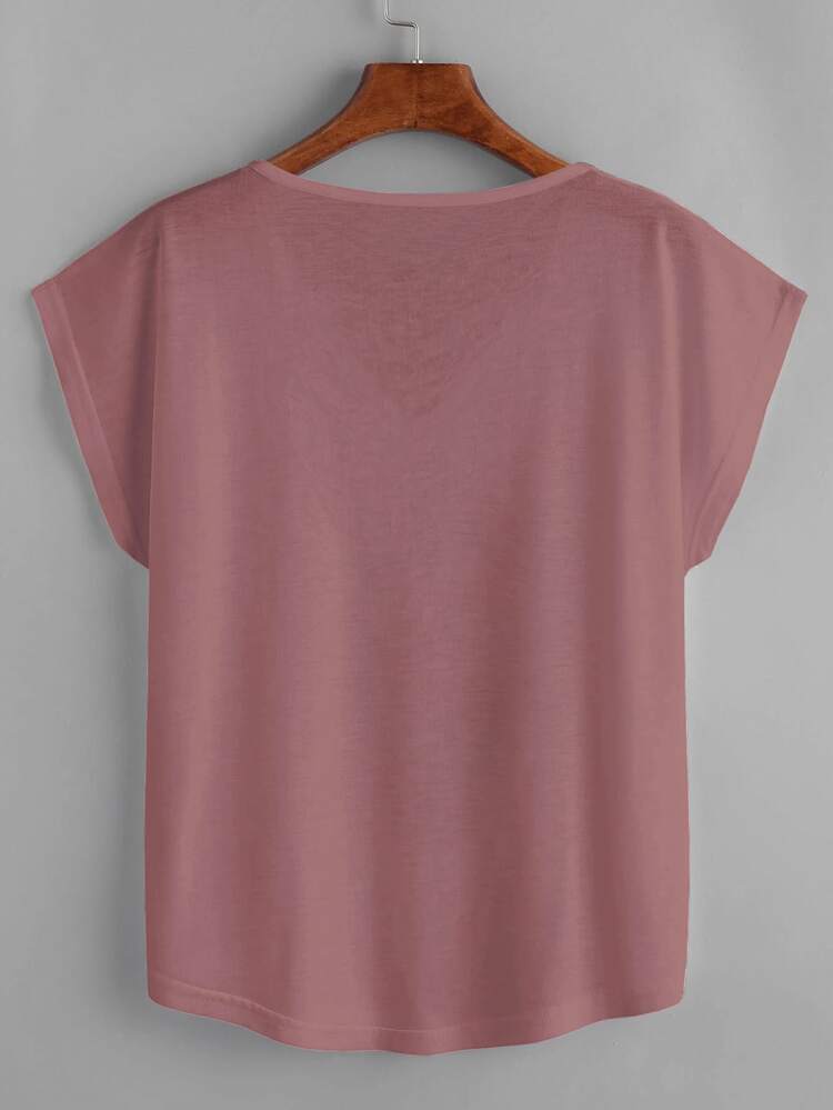 Solid Batwing Sleeve V-neck Curved Hem Tee