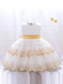 Girls' Satin Bow Back Puff Skirt Dress, Cute & Elegant Dress Suitable For School, Comes With Headband - White - View 1