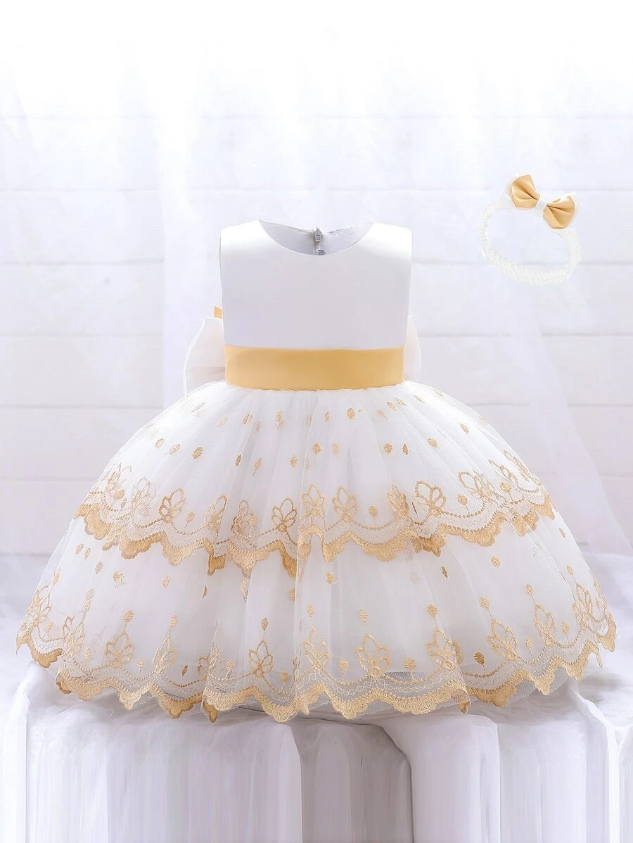 Girls' Satin Bow Back Puff Skirt Dress, Cute & Elegant Dress Suitable For School, Comes With Headband - White - View 1