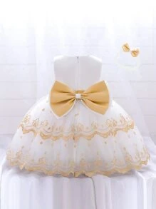Girls' Satin Bow Back Puff Skirt Dress, Cute & Elegant Dress Suitable For School, Comes With Headband - White - View 2