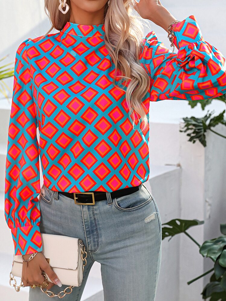 SHEIN Geo Print Mock Neck Puff Sleeve Blouse,Long Sleeve Tops Fall Cloth For Women - Blue - View 3