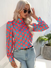 SHEIN Geo Print Mock Neck Puff Sleeve Blouse,Long Sleeve Tops Fall Cloth For Women - Blue - View 5
