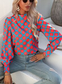SHEIN Geo Print Mock Neck Puff Sleeve Blouse,Long Sleeve Tops Fall Cloth For Women - Blue - View 1