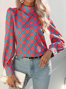 SHEIN Geo Print Mock Neck Puff Sleeve Blouse,Long Sleeve Tops Fall Cloth For Women - Blue - View 6