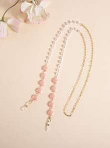 Heart & Faux Pearl Decor Face Covering Chain - Watermelon Pink - View 1