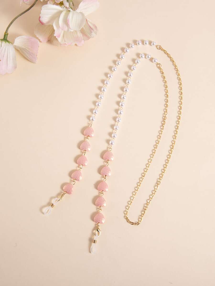 Heart & Faux Pearl Decor Face Covering Chain - Watermelon Pink - View 1