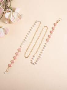 Heart & Faux Pearl Decor Face Covering Chain - Watermelon Pink - View 2