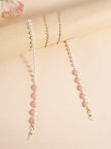 Heart & Faux Pearl Decor Face Covering Chain - Watermelon Pink - View 3