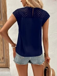 SHEIN LUNE Contrast Mesh Yoke Keyhole Back Blouse - Navy Blue - View 2