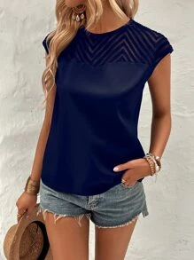 SHEIN LUNE Contrast Mesh Yoke Keyhole Back Blouse - Navy Blue - View 4