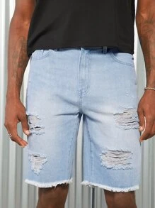Manfinity Men Ripped Raw Hem Denim Shorts - Light Wash - View 1
