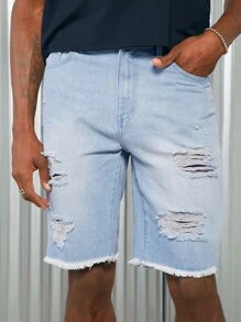 Manfinity Men Ripped Raw Hem Denim Shorts - Light Wash - View 5
