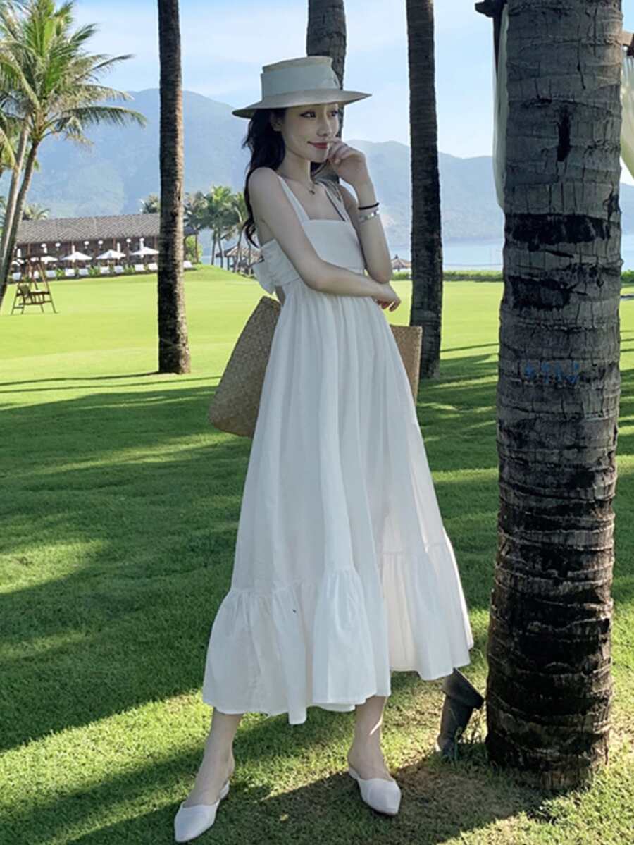 Vestido de tirantes unicolor corbata de lazo trasero bajo con fruncido - Blanco - Ver 1