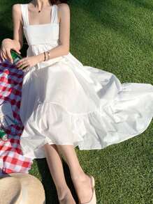 Vestido de tirantes unicolor corbata de lazo trasero bajo con fruncido - Blanco - Ver 3