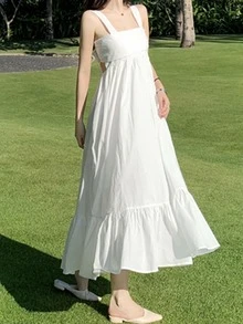 Vestido de tirantes unicolor corbata de lazo trasero bajo con fruncido - Blanco - Ver 4