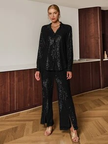 High Waist Split Hem Sequin Wide Leg Trousers - Black - View 3