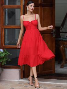 Vestido de tirantes ribete fruncido con cordón delantero bajo con fruncido