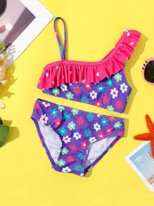 Young Girl Floral Print Ruffle Trim Bikini Set Summer Beach - Multicolor - View 1