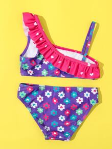 Young Girl Floral Print Ruffle Trim Bikini Set Summer Beach - Multicolor - View 2