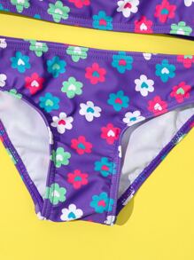 Young Girl Floral Print Ruffle Trim Bikini Set Summer Beach - Multicolor - View 3