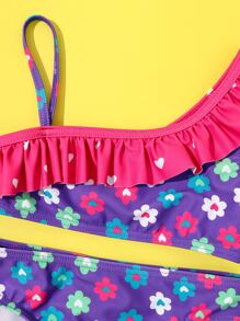 Young Girl Floral Print Ruffle Trim Bikini Set Summer Beach - Multicolor - View 4