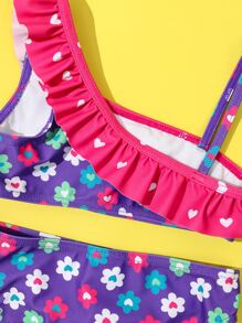 Young Girl Floral Print Ruffle Trim Bikini Set Summer Beach - Multicolor - View 5