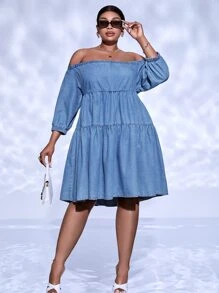 Plus Off Shoulder Ruffle Hem Smock Denim Dress - Medium Wash - View 4