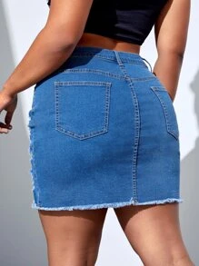 SHEIN EZwear Plus Jupe En Jean Déchiré À Ourlet Effiloché