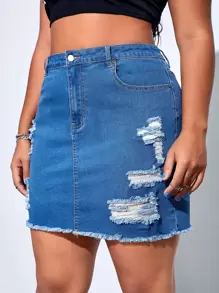 SHEIN EZwear Plus Jupe En Jean Déchiré À Ourlet Effiloché