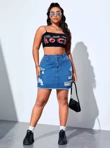 SHEIN EZwear Plus Jupe En Jean Déchiré À Ourlet Effiloché