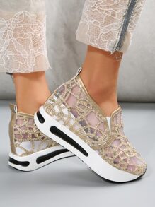 女士亮片裝飾運動戶外網紗坡跟運動鞋