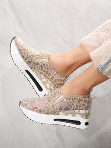 女士亮片裝飾運動戶外網紗坡跟運動鞋