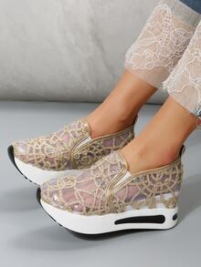 女士亮片裝飾運動戶外網紗坡跟運動鞋