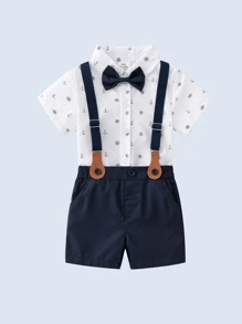 Baby Boy Anchor Print Bow Front Shirt & Pinafore Shorts - Blue and White - View 1