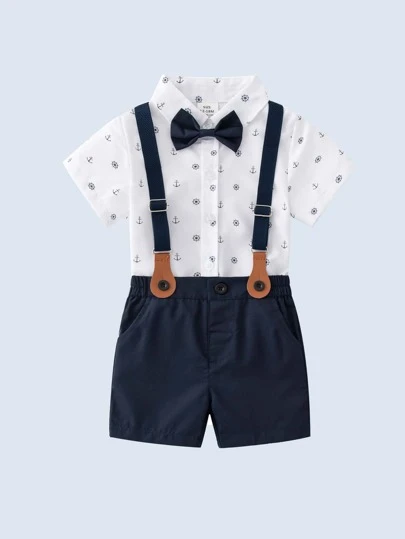 男嬰船錨圖案前蝴蝶結襯衫和背帶短褲