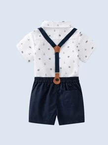 Baby Boy Anchor Print Bow Front Shirt & Pinafore Shorts - Blue and White - View 3